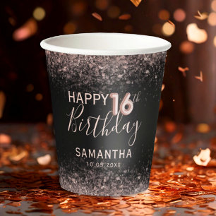 Gobelets En Papier Anniversaire chic 16 ans paillettes noir et or ros