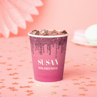 Gobelets En Papier Anniversaire de couleur rose faux paillettes