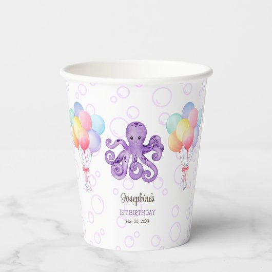 Gobelets En Papier Anniversaire de enfant de bulle violet Octopus (Verso)