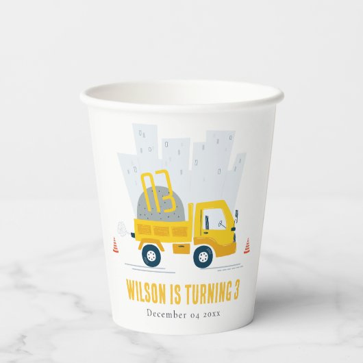 Gobelets En Papier Anniversaire de enfant du véhicule de construction (Verso)
