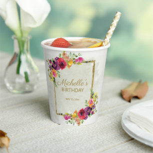 Gobelets En Papier Anniversaire de femme floral élégant vintage