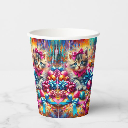 Gobelets En Papier Anniversaire de la fille rose et bleu Kitten (Recto)