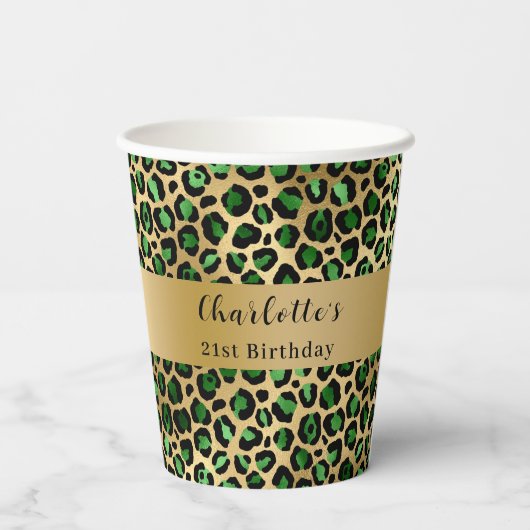 Gobelets En Papier Anniversaire de léopard vert émeraude (Verso)