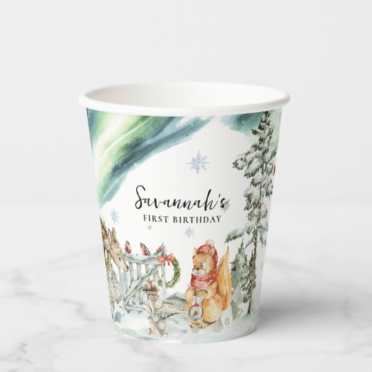 Gobelets En Papier Anniversaire des bois d'hiver enchantés (Recto)