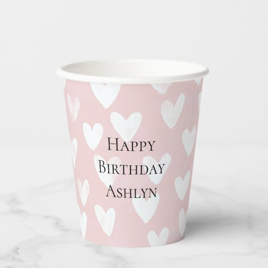 Gobelets En Papier Anniversaire des Coeurs blancs roses (Recto)