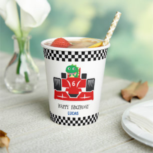 Gobelets En Papier Anniversaire Dinosaur voiture de course rouge nom 