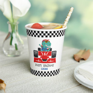 Gobelets En Papier Anniversaire Dinosaur voiture de course rouge nom 