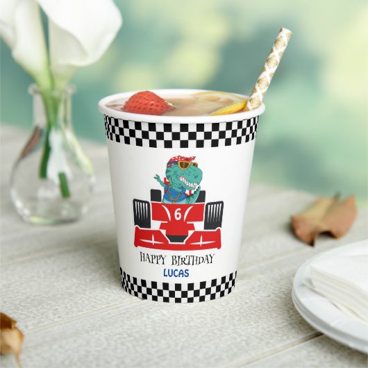 Gobelets En Papier Anniversaire Dinosaur voiture de course rouge nom  (Insitu)