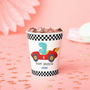 Gobelets En Papier Anniversaire Dinosaur voiture de course rouge nom 