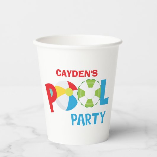 Gobelets En Papier Anniversaire du garçon de fête au bord de la pisci (Recto)