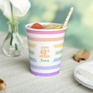 Gobelets En Papier Anniversaire en cercle blanc Pastel Rainbow Stripe