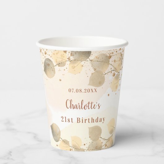 Gobelets En Papier Anniversaire eucalyptus parties scintillant or mon (Verso)
