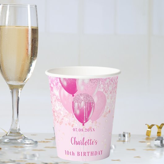 Gobelets En Papier Anniversaire fille parties scintillant rose ballon