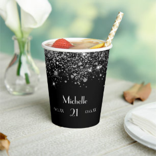 Gobelets En Papier Anniversaire noir argent parties scintillant monog