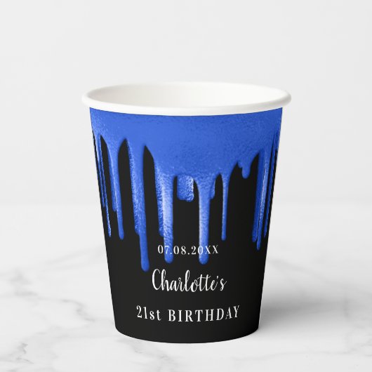 Gobelets En Papier Anniversaire noir bleu parties scintillant gouttes (Verso)