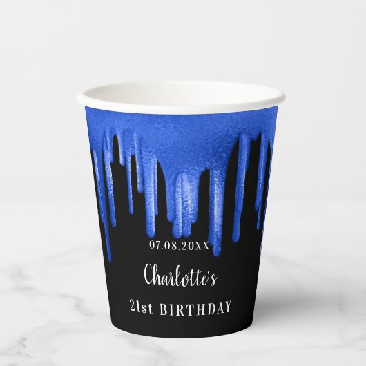 Gobelets En Papier Anniversaire noir bleu parties scintillant gouttes (Recto)