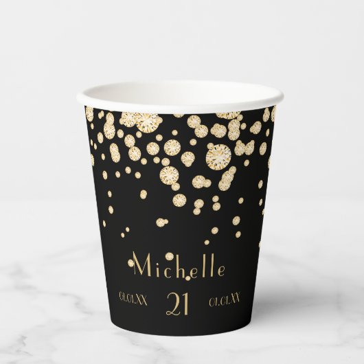 Gobelets En Papier Anniversaire noir or monogramme diamants (Recto)