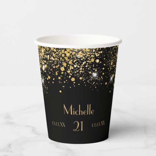 Gobelets En Papier Anniversaire noir or parties scintillant poussière (Verso)