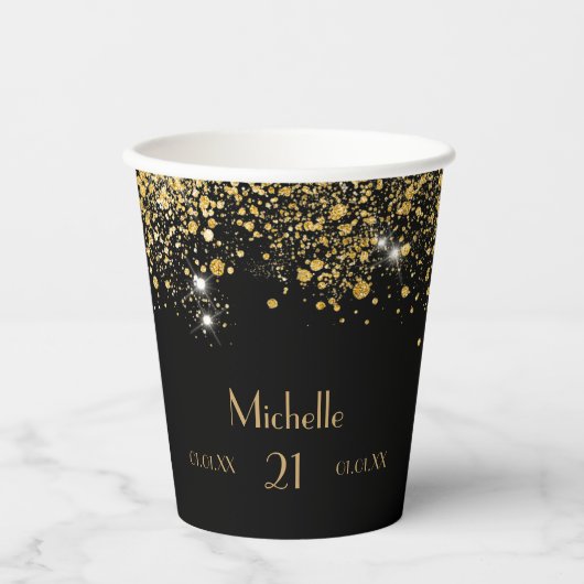 Gobelets En Papier Anniversaire noir or parties scintillant poussière (Recto)