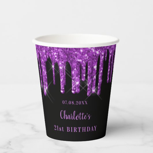 Gobelets En Papier Anniversaire noir violet parties scintillant goutt (Recto)