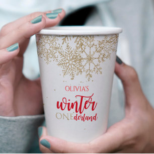 Gobelets En Papier Anniversaire ONEderland Hiver Rouge avec Flocon de