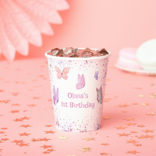 Gobelets En Papier Anniversaire Papillon Rose Violet (Insitu)