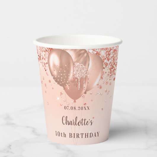 Gobelets En Papier Anniversaire rose or parties scintillant nom monog (Recto)