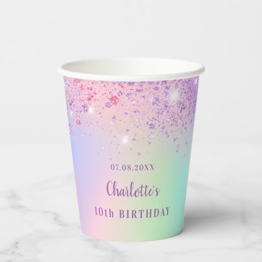 Gobelets En Papier Anniversaire rose violet parties scintillant nom h (Verso)