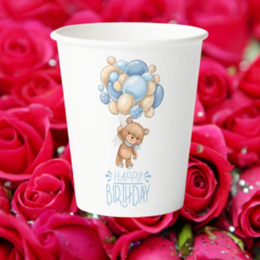 Gobelets En Papier Anniversaire Teddy Bear Garçon Bleu Ballons