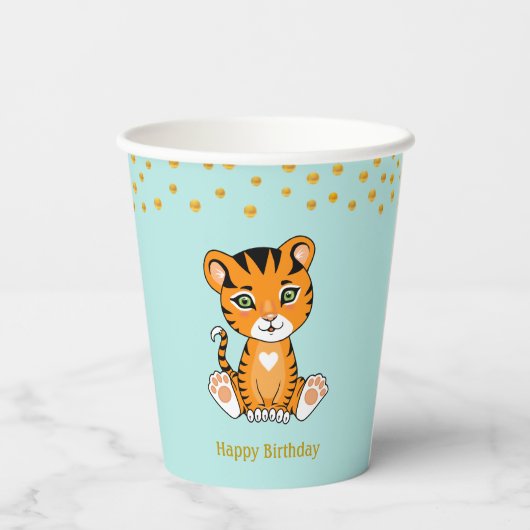 Gobelets En Papier Anniversaire Tiger Cartoon & Gold Confetti Party (Verso)