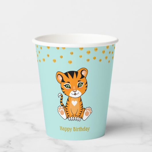 Gobelets En Papier Anniversaire Tiger Cartoon & Gold Confetti Party (Recto)