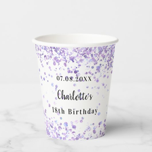 Gobelets En Papier Anniversaire violet blanc étincelles (Recto)