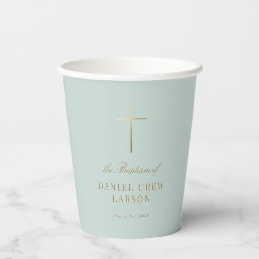 Gobelets En Papier Aqua Simple Elegant Gold Cross Baptism Christening (Verso)