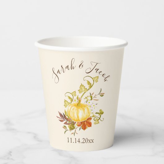 Gobelets En Papier Aquarelle Automne Citrouille et Mariage Feuille (Recto)