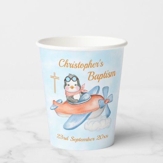 Gobelets En Papier Aquarelle Baptême mignonne Bébé Penguin avion (Verso)