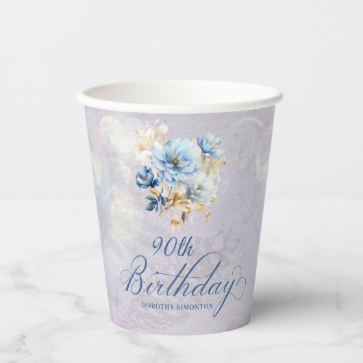 Gobelets En Papier Aquarelle bleu blanc Floral 90e anniversaire (Recto)