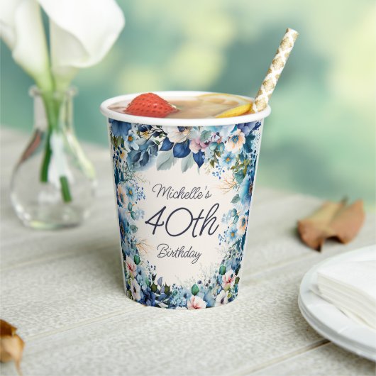 Gobelets En Papier Aquarelle bleu bleu marine 40e anniversaire (Insitu)
