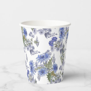 Gobelets En Papier Aquarelle bleu fleurs roses plumes blanc napki
