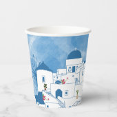 Gobelets En Papier Aquarelle bleue et blanche Santorin Grèce (Recto)
