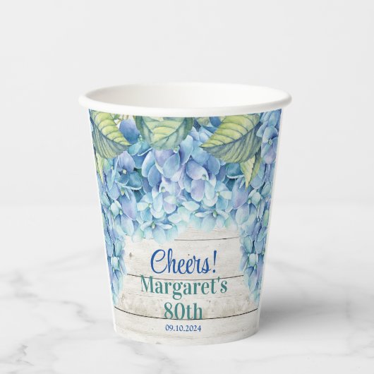 Gobelets En Papier Aquarelle Blue Hydrangea 80e anniversaire (Recto)