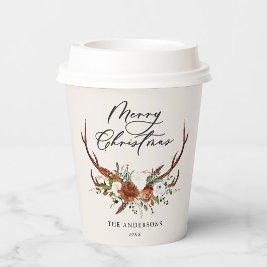 Gobelets En Papier aquarelle cerf fleurs merveille Noël (Verso)