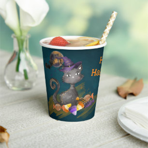 Gobelets En Papier Aquarelle Chat noir avec bonbons, Halloween