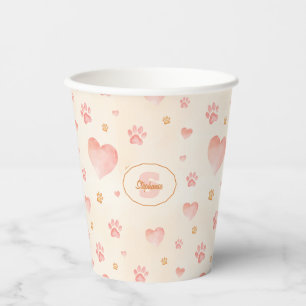 Gobelets En Papier Aquarelle Coeurs et Empreintes de pattes Motif