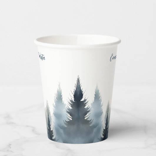 Gobelets En Papier Aquarelle d'hiver Pins Bleus Mariage forestier (Gauche)