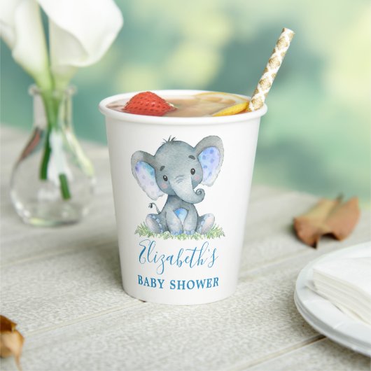 Gobelets En Papier Aquarelle Elephant Baby shower bleu (Insitu)
