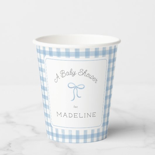 Gobelets En Papier Aquarelle En vichy Baby shower bleu clair (Recto)