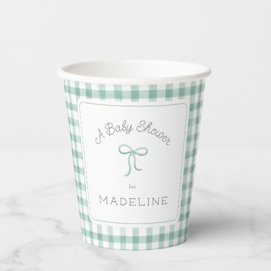 Gobelets En Papier Aquarelle En vichy Baby shower vert Sage (Recto)