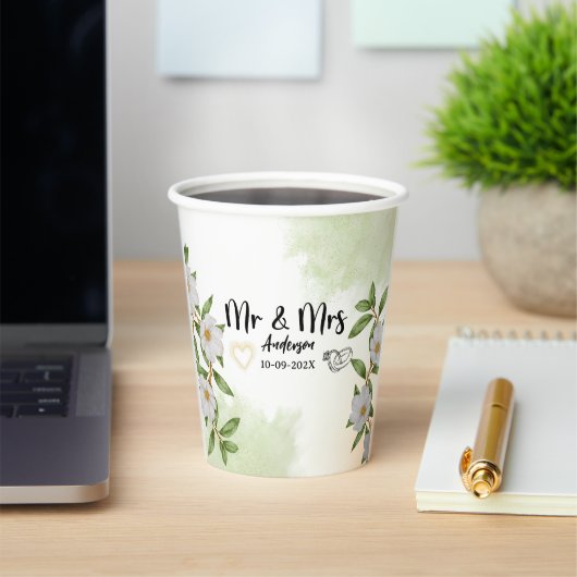 Gobelets En Papier Aquarelle florale blanche et verte (Insitu)