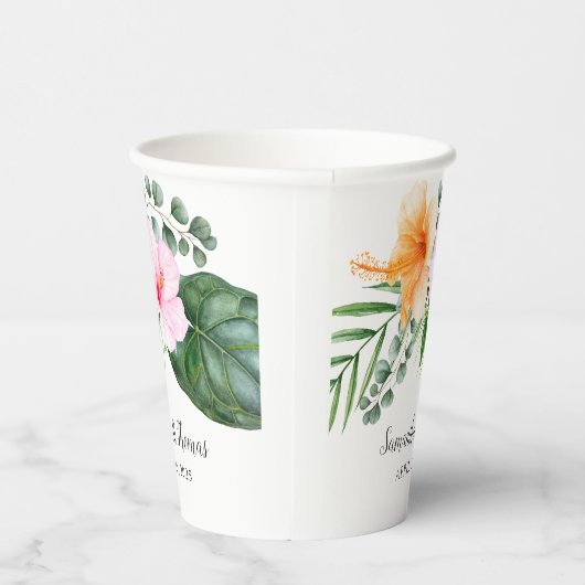 Gobelets En Papier Aquarelle Hibiscus tropicaux et feuillage (Droite)