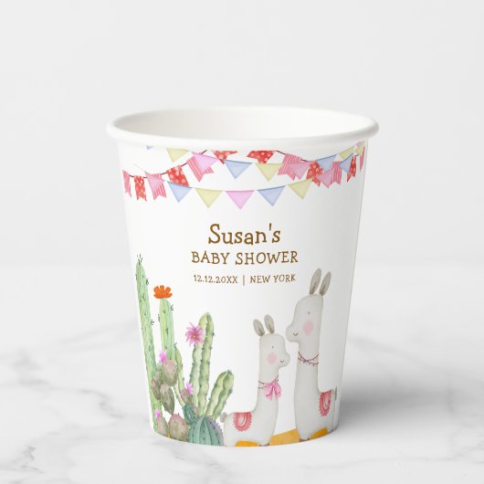 Gobelets En Papier Aquarelle Llama Desert Cactus Fiesta Baby shower (Verso)
